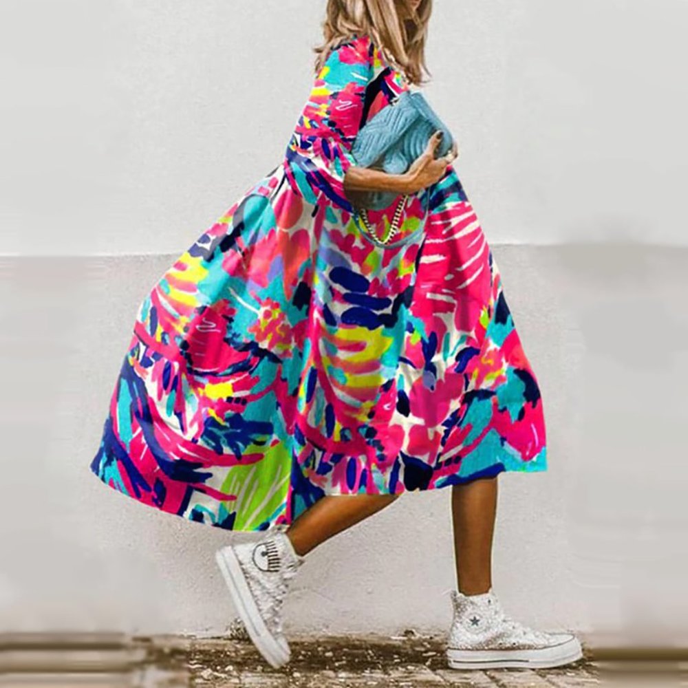 Watercolor Graphic Print Oversized Boho Long Sleeve Babydoll Dress